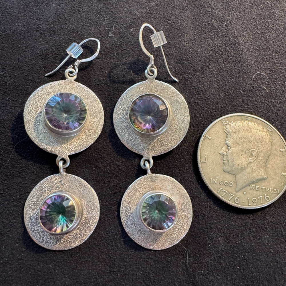 Silver Mystic Topaz Dangle Disc Earrings with Stones 925 Sterling Artisan Greece